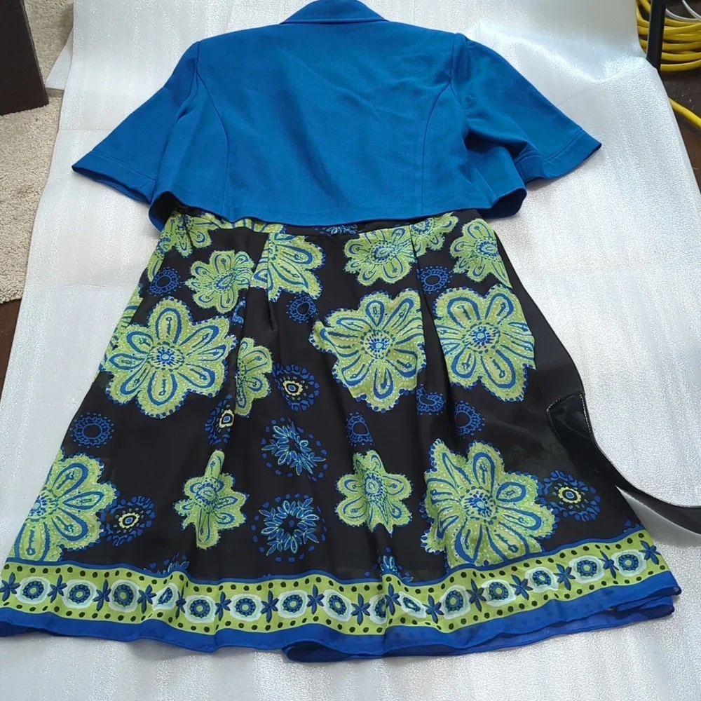 NWOT Studio I Women's 2 Piece Black Floral Chiffon Dress With Blue Jacket Size14 - Picture 3 of 9